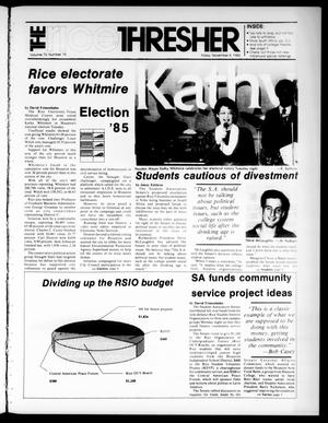 Primary view of object titled 'The Rice Thresher (Houston, Tex.), Vol. 73, No. 14, Ed. 1 Friday, November 8, 1985'.