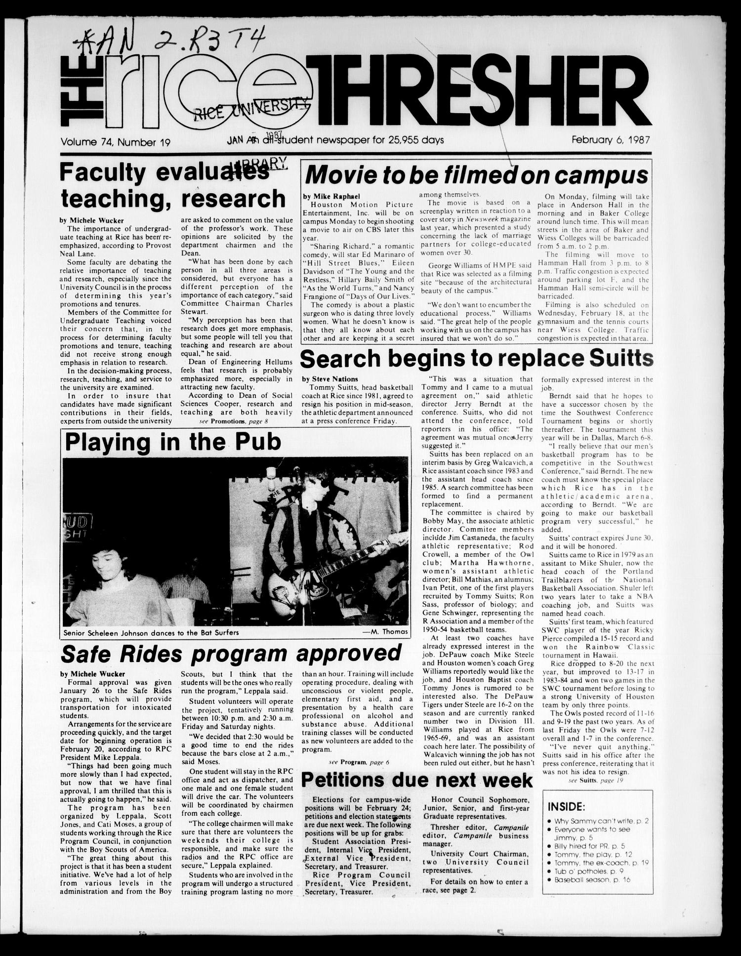 The Rice Thresher (Houston, Tex.), Vol. 74, No. 19, Ed. 1 Friday, February 6, 1987
                                                
                                                    [Sequence #]: 1 of 24
                                                