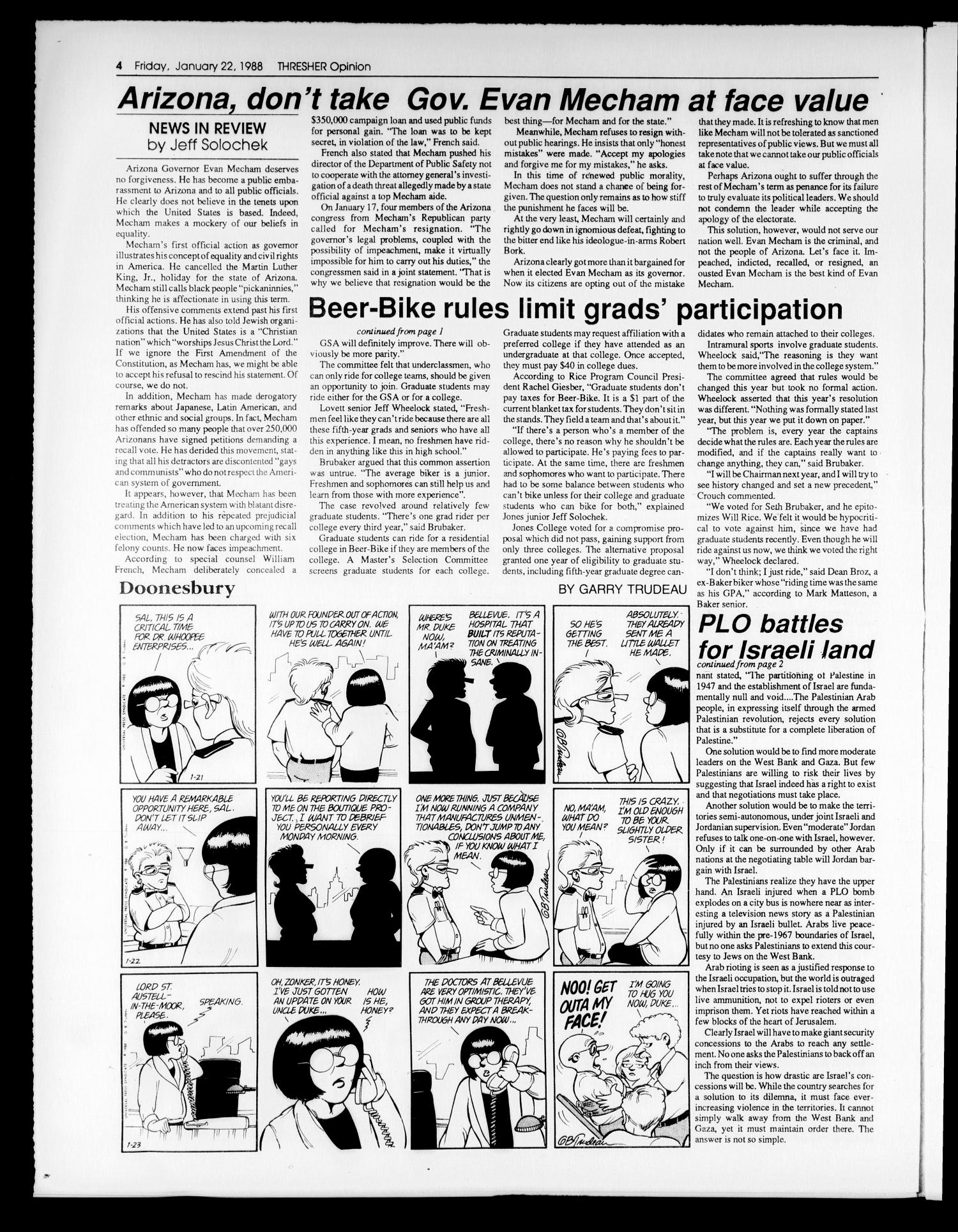 The Rice Thresher (Houston, Tex.), Vol. 75, No. 16, Ed. 1 Friday, January 22, 1988
                                                
                                                    [Sequence #]: 4 of 20
                                                