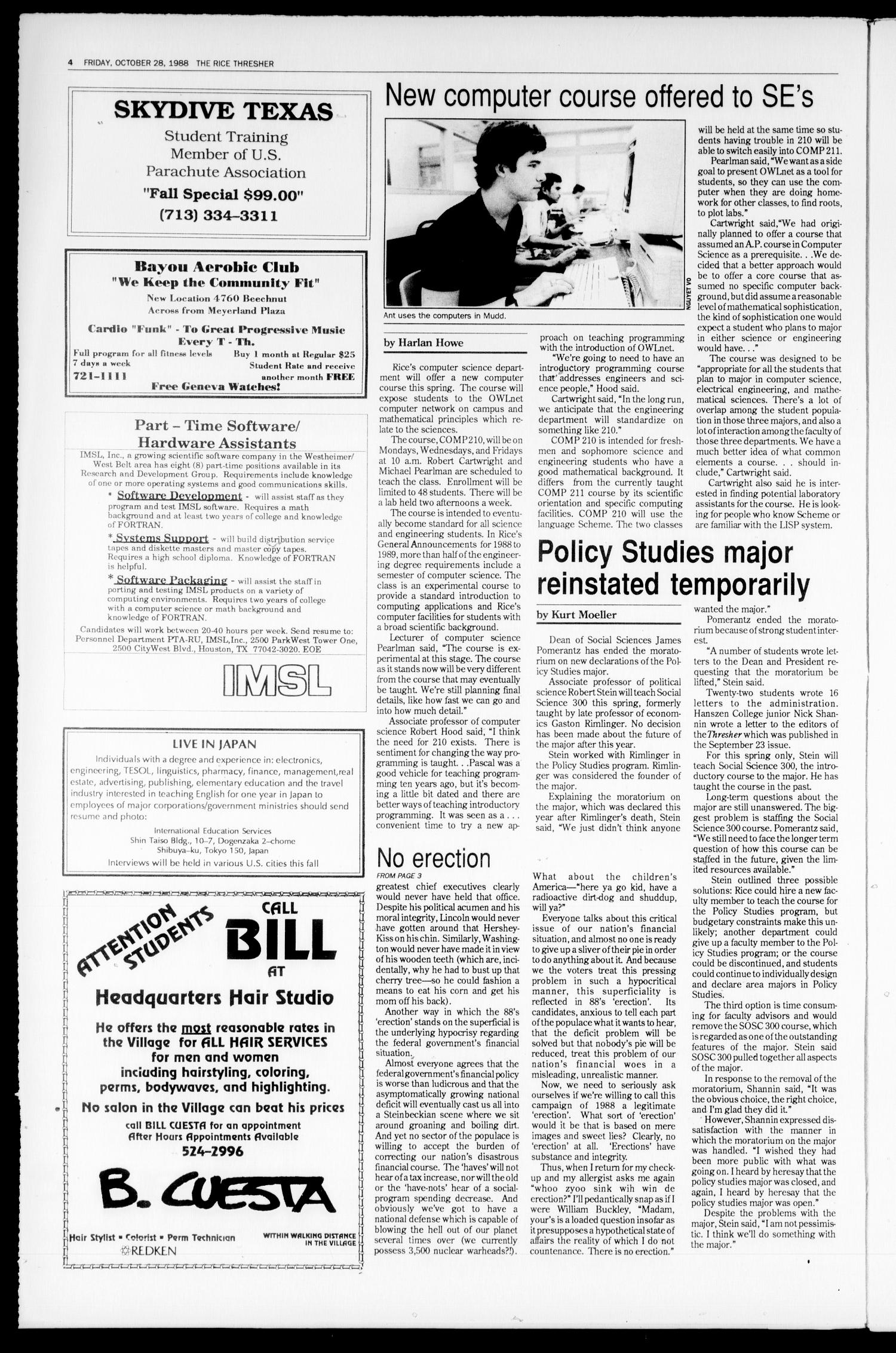 The Rice Thresher (Houston, Tex.), Vol. 76, No. 8, Ed. 1 Friday, October 28, 1988
                                                
                                                    [Sequence #]: 4 of 16
                                                