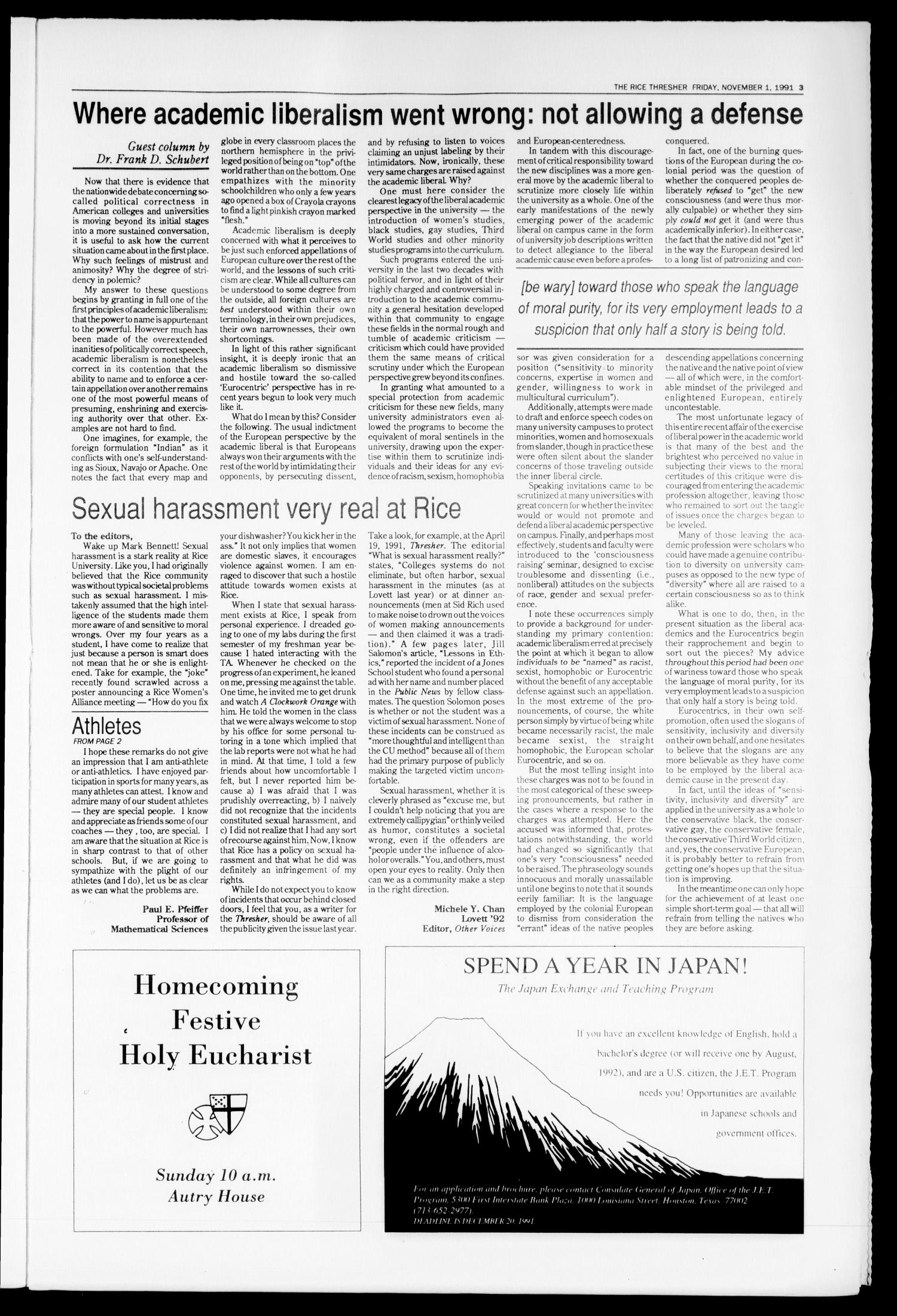 The Rice Thresher (Houston, Tex.), Vol. 79, No. 10, Ed. 1 Friday, November 1, 1991
                                                
                                                    [Sequence #]: 3 of 20
                                                