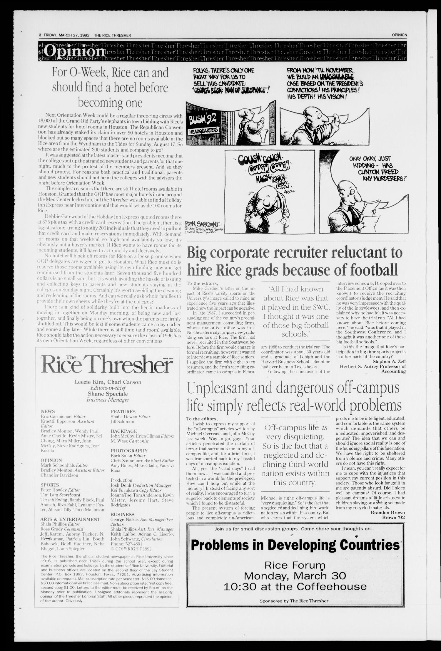 The Rice Thresher (Houston, Tex.), Vol. 79, No. 25, Ed. 1 Friday, March 27, 1992
                                                
                                                    [Sequence #]: 2 of 20
                                                