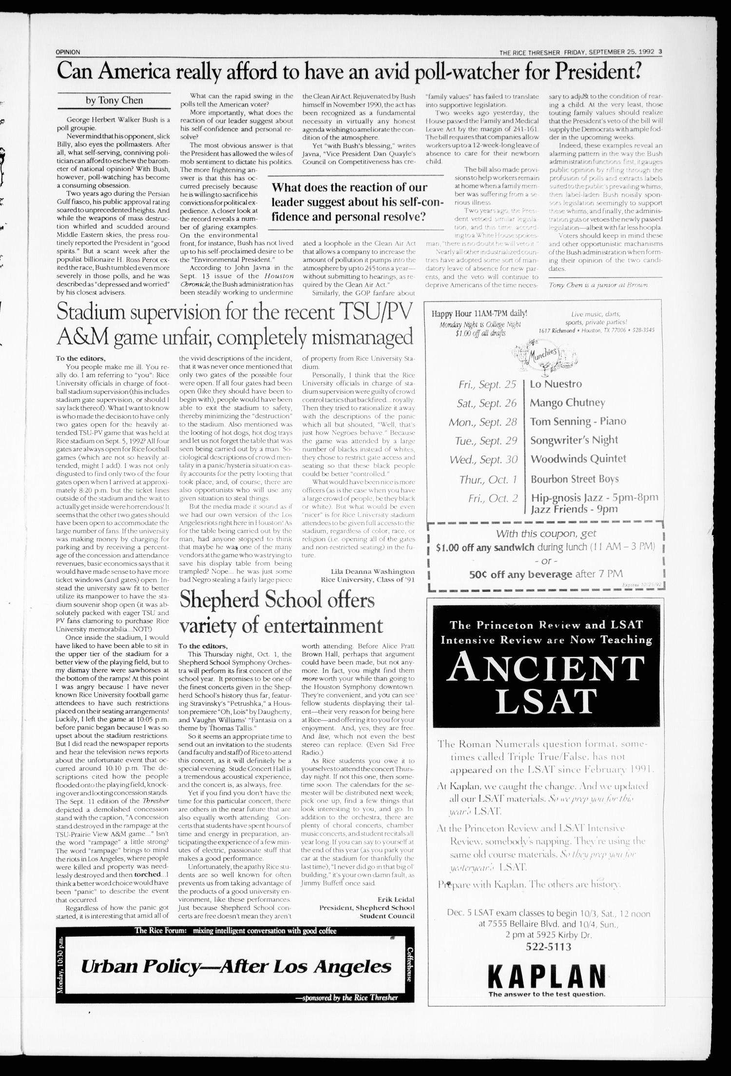 The Rice Thresher (Houston, Tex.), Vol. 80, No. 6, Ed. 1 Friday, September 25, 1992
                                                
                                                    [Sequence #]: 3 of 20
                                                