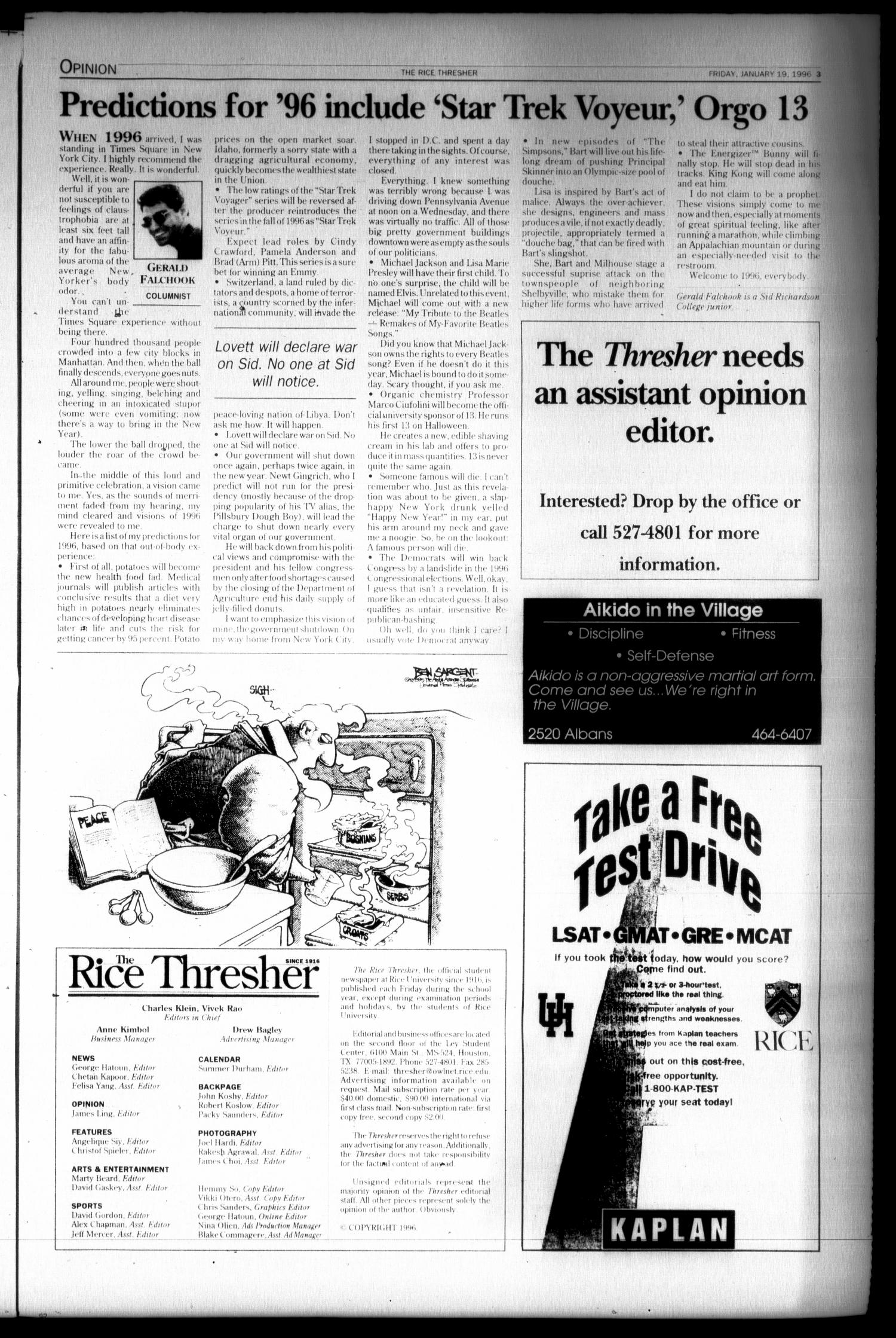 The Rice Thresher (Houston, Tex.), Vol. 83, No. 15, Ed. 1 Friday, January 19, 1996
                                                
                                                    [Sequence #]: 3 of 12
                                                