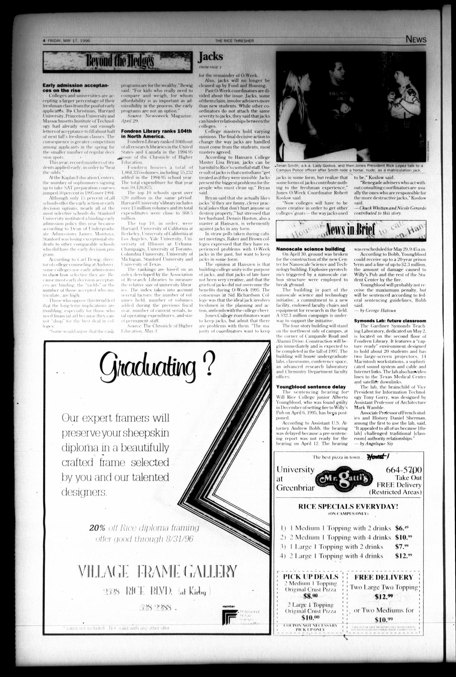 The Rice Thresher (Houston, Tex.), Vol. 83, No. 28, Ed. 1 Friday, May 17, 1996
                                                
                                                    [Sequence #]: 4 of 20
                                                