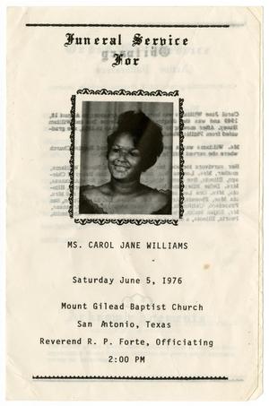 Primary view of object titled '[Funeral Program for Carol Jane Williams, June 5, 1976]'.