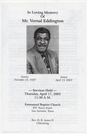 [Funeral Program for Vernal Eddington, April 17, 2003]