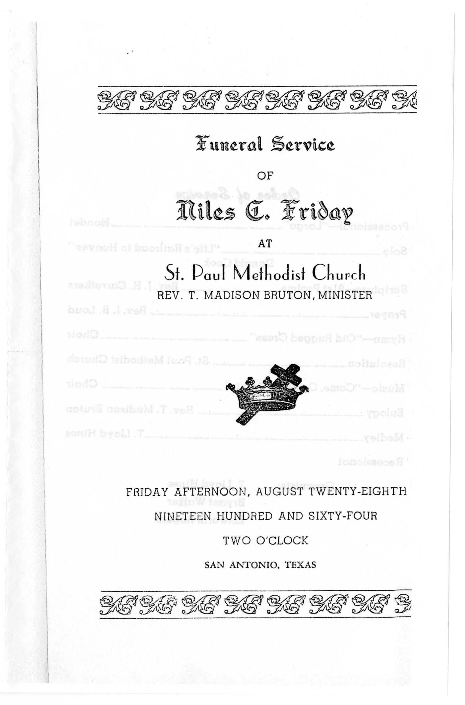 [Funeral Program for Niles D. Friday, August 28, 1964]
                                                
                                                    [Sequence #]: 1 of 3
                                                