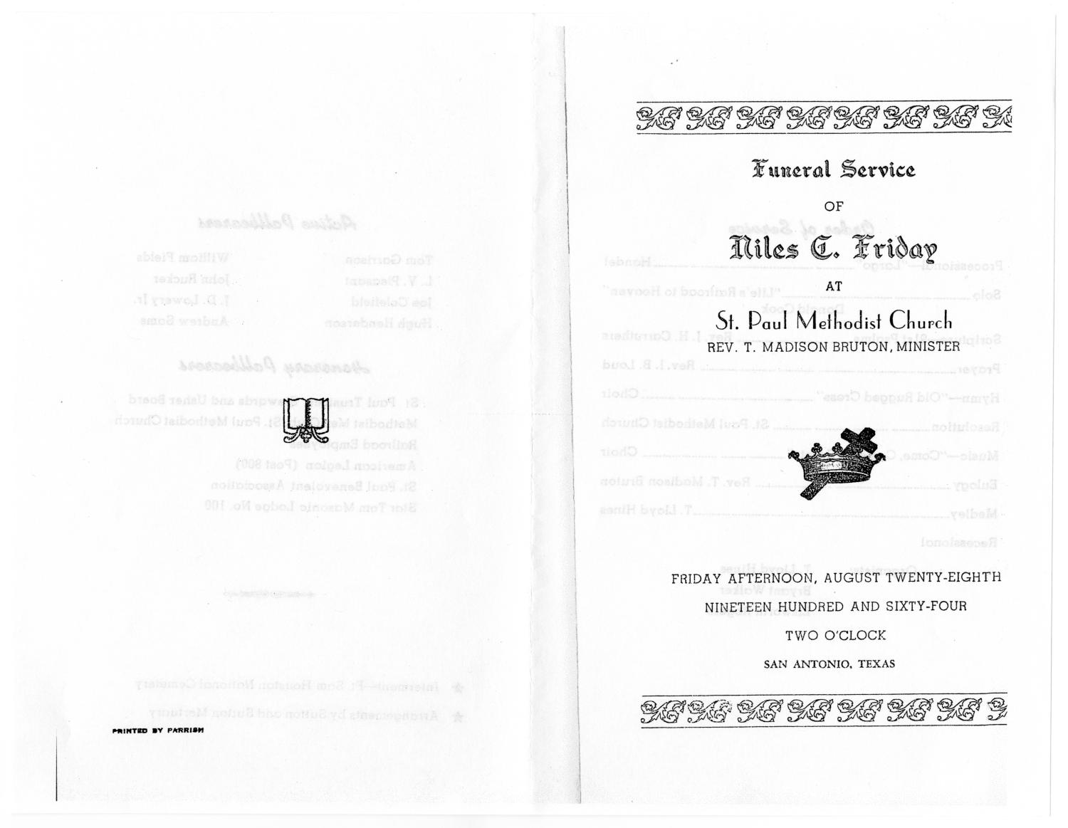 [Funeral Program for Niles D. Friday, August 28, 1964]
                                                
                                                    [Sequence #]: 3 of 3
                                                