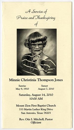 Primary view of object titled '[Funeral Program for Minnie Christinia Thompson Jones, August 14, 2010]'.