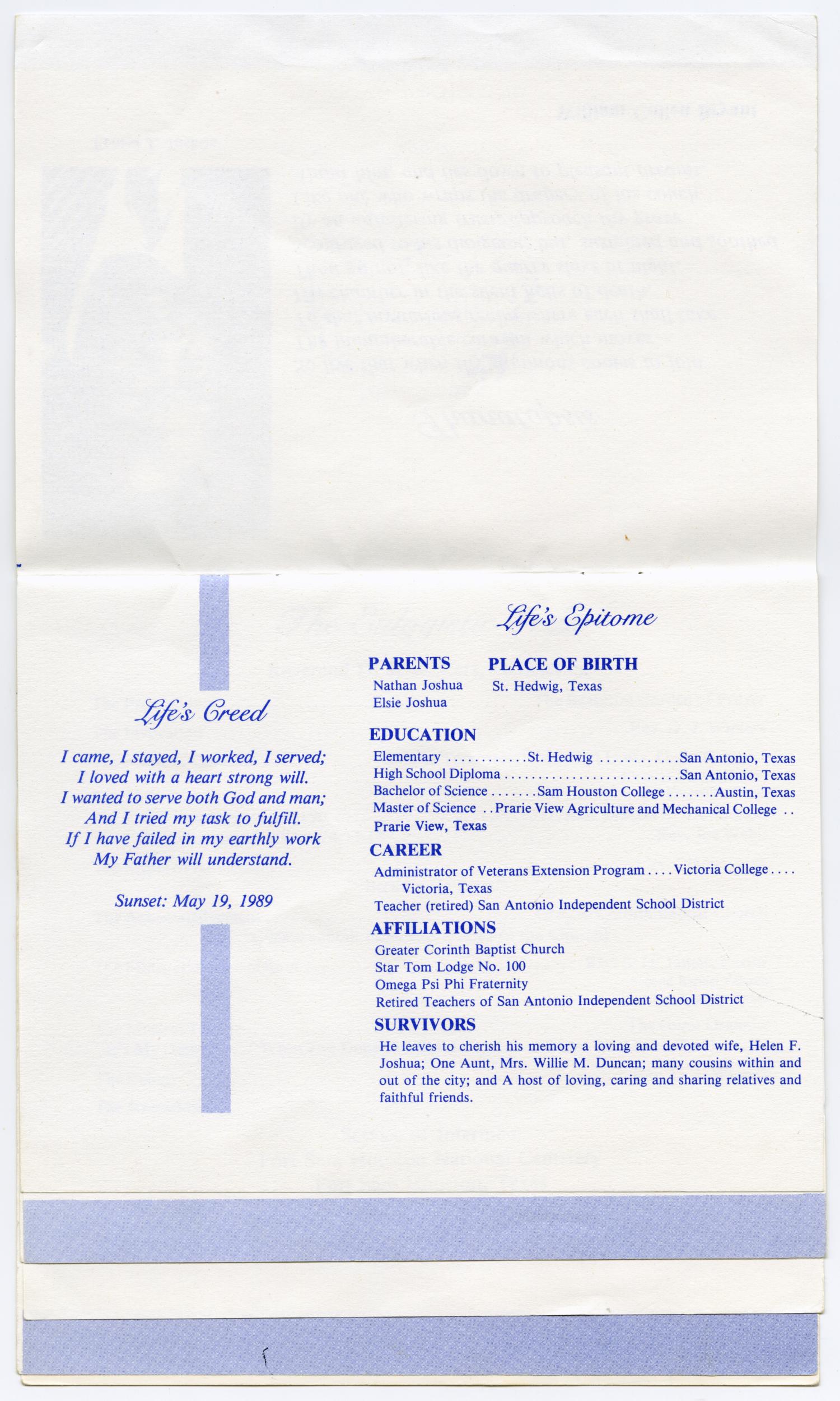[Funeral Program for Ernest J. Joshua, May 24, 1989]
                                                
                                                    [Sequence #]: 3 of 9
                                                