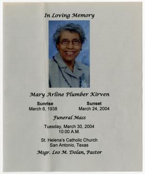 [Funeral Program for Mary Arline Plumber Kirven, March 30, 2004]