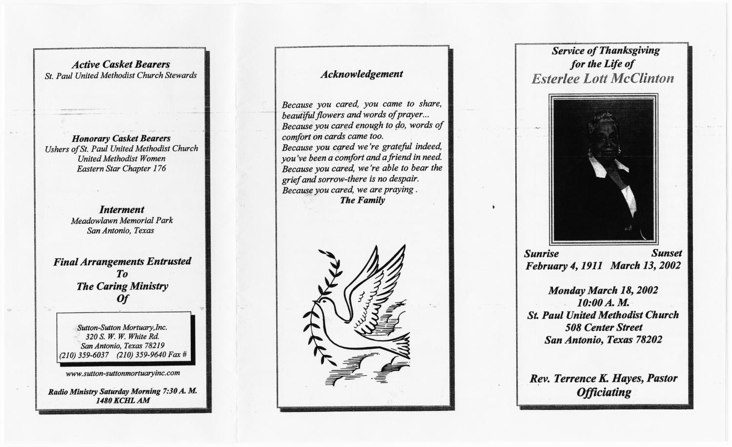 [Funeral Program for Esterlee Lott McClinton, March 18, 2002]
                                                
                                                    [Sequence #]: 3 of 3
                                                