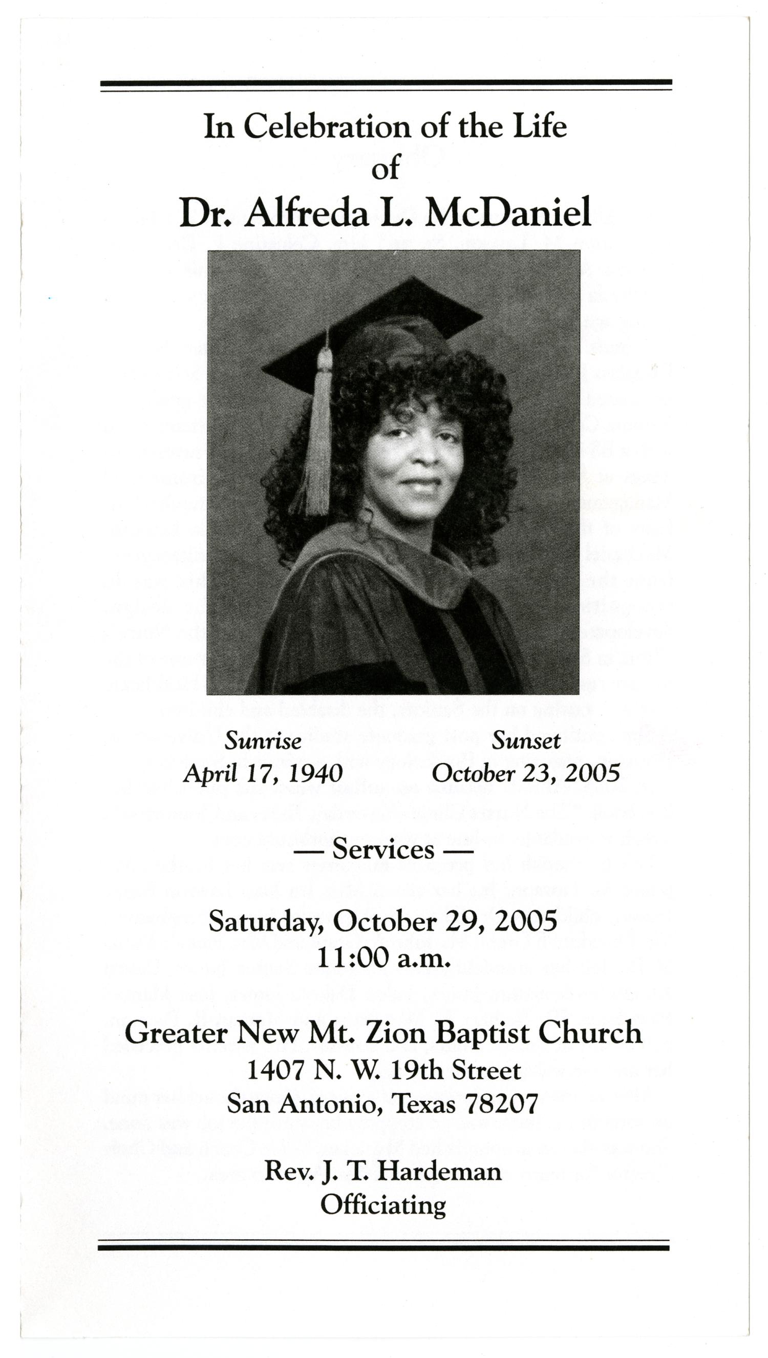 [Funeral Program for Alfreda L. McDaniel, October 29, 2005]
                                                
                                                    [Sequence #]: 1 of 3
                                                