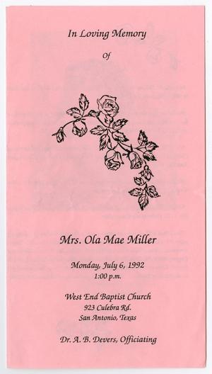 [Funeral Program for Ola Mae Miller, July 6, 1992]