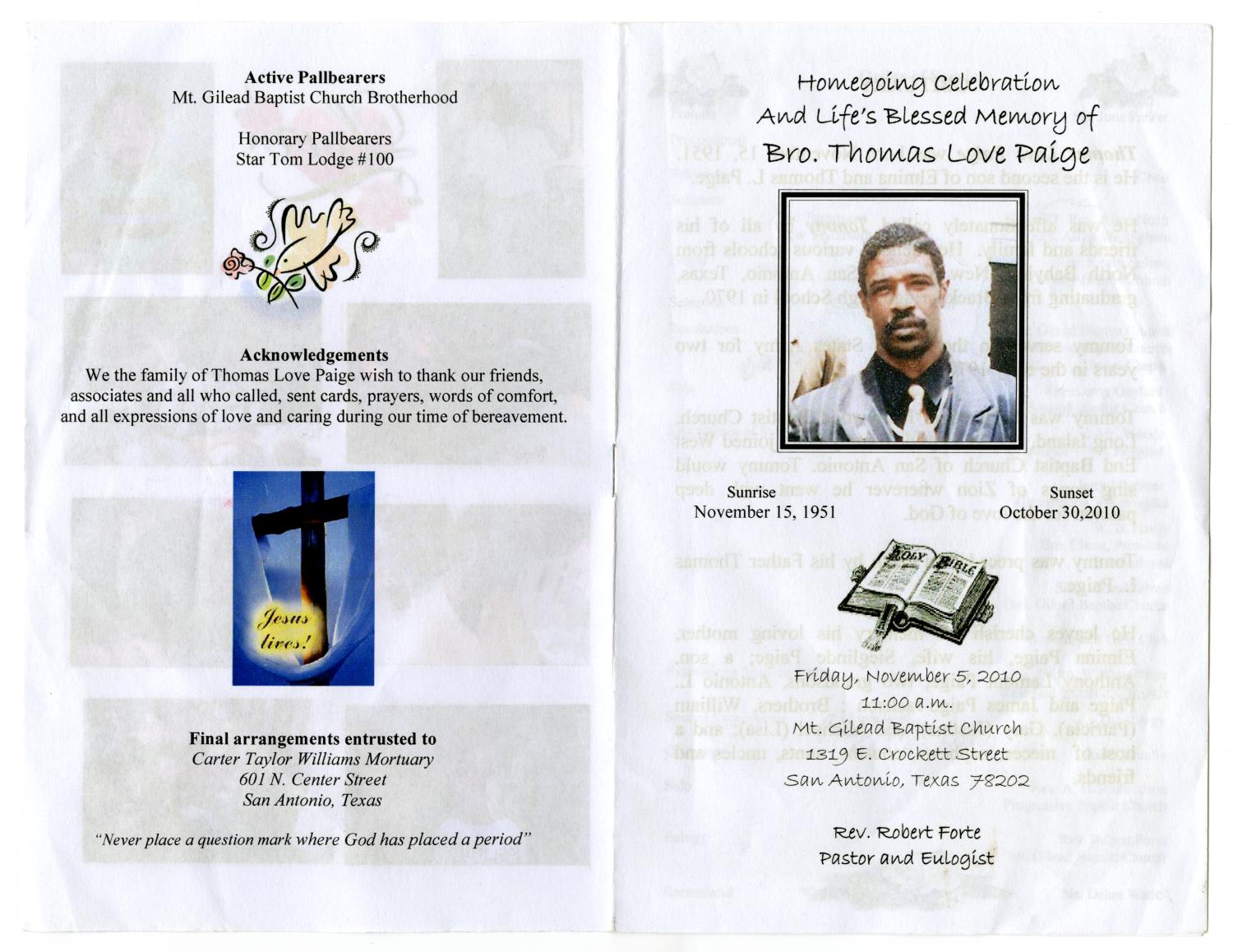 [Funeral Program for Thomas Love Paige, November 5, 2010]
                                                
                                                    [Sequence #]: 5 of 5
                                                