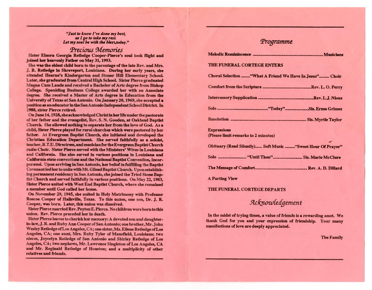 [Funeral Program for Elnora Pierce, June 2, 1993]
                                                
                                                    [Sequence #]: 2 of 3
                                                