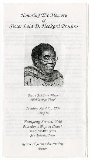 [Funeral Program for Lola D. Heckard Prothro, April 23, 1996]