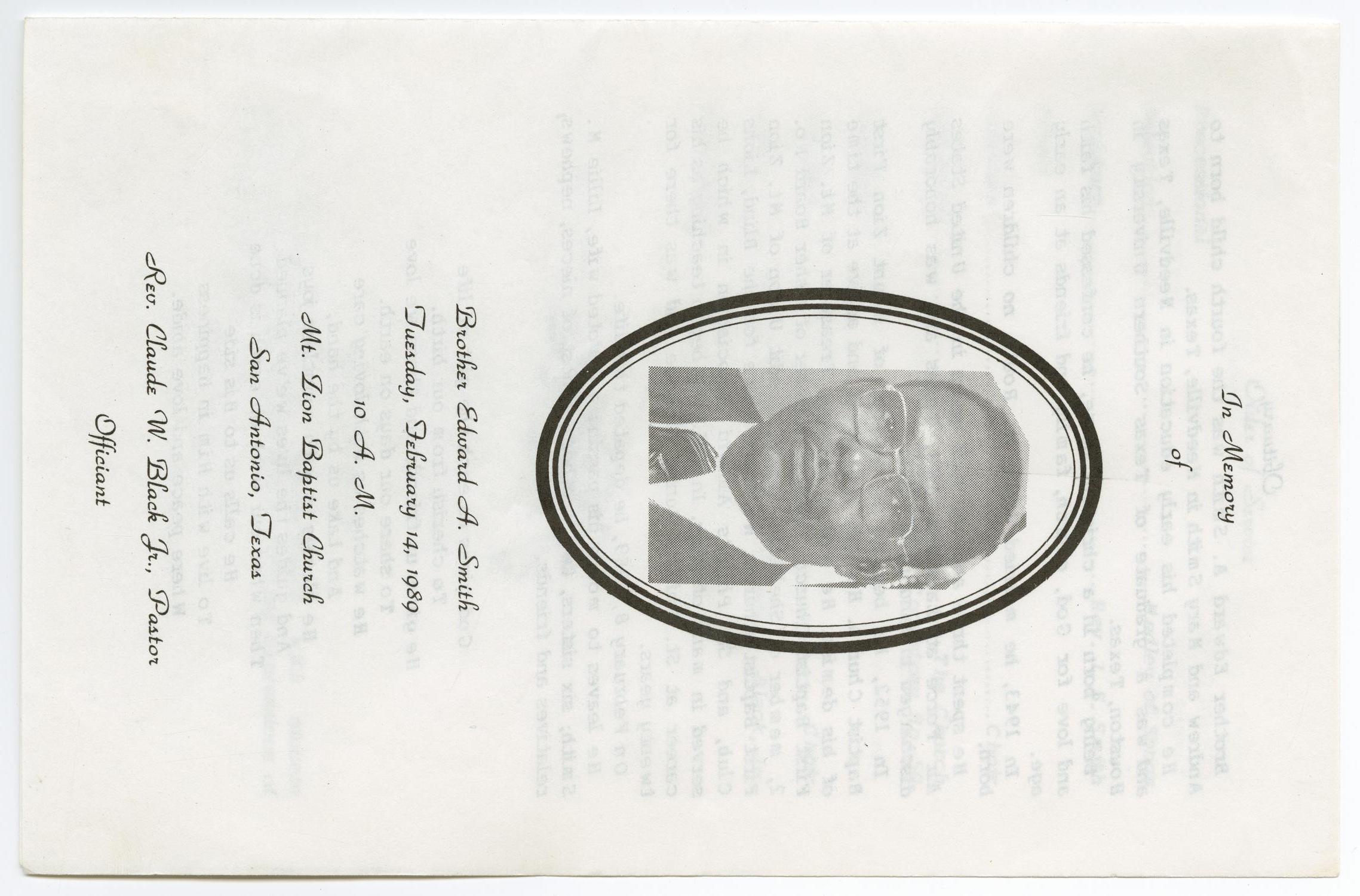 [Funeral Program for Edward A. Smith, February 14, 1989]
                                                
                                                    [Sequence #]: 1 of 3
                                                