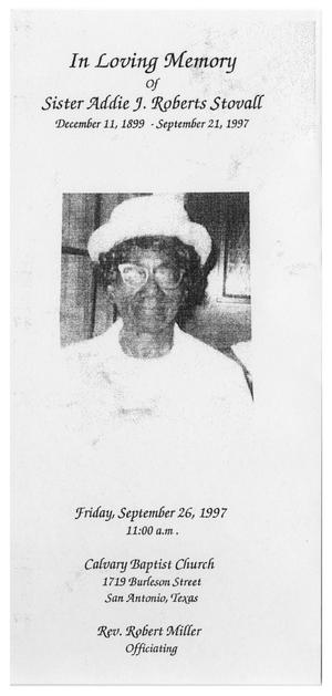 Primary view of object titled '[Funeral Program for Addie J. Roberts Stovall, September 26, 1997]'.