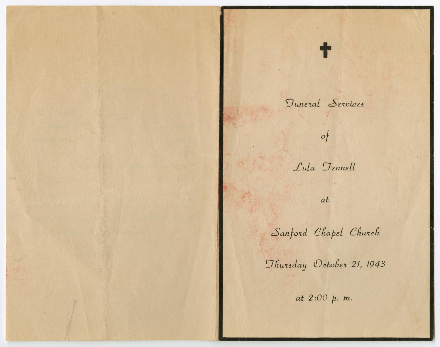 [Funeral Program for Lula Tennell, October 21, 1943]
                                                
                                                    [Sequence #]: 3 of 3
                                                
