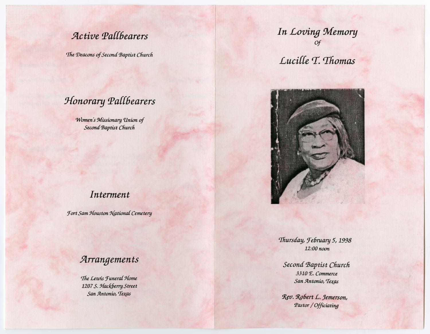 [Funeral Program for Lucille T. Thomas, February 5, 1998]
                                                
                                                    [Sequence #]: 3 of 3
                                                
