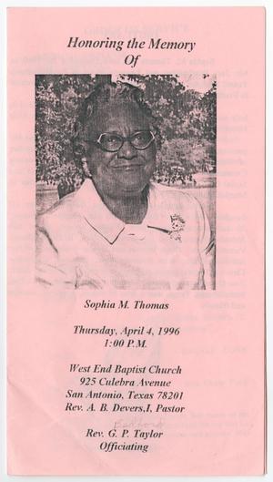 [Funeral Program for Sophia M. Thomas, April 4, 1996]