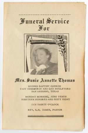 Primary view of object titled '[Funeral Program for Susie Annette Thomas, June 10, 1968]'.