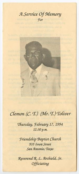 [Funeral Program for Clemon Toliver, February 17, 1994]