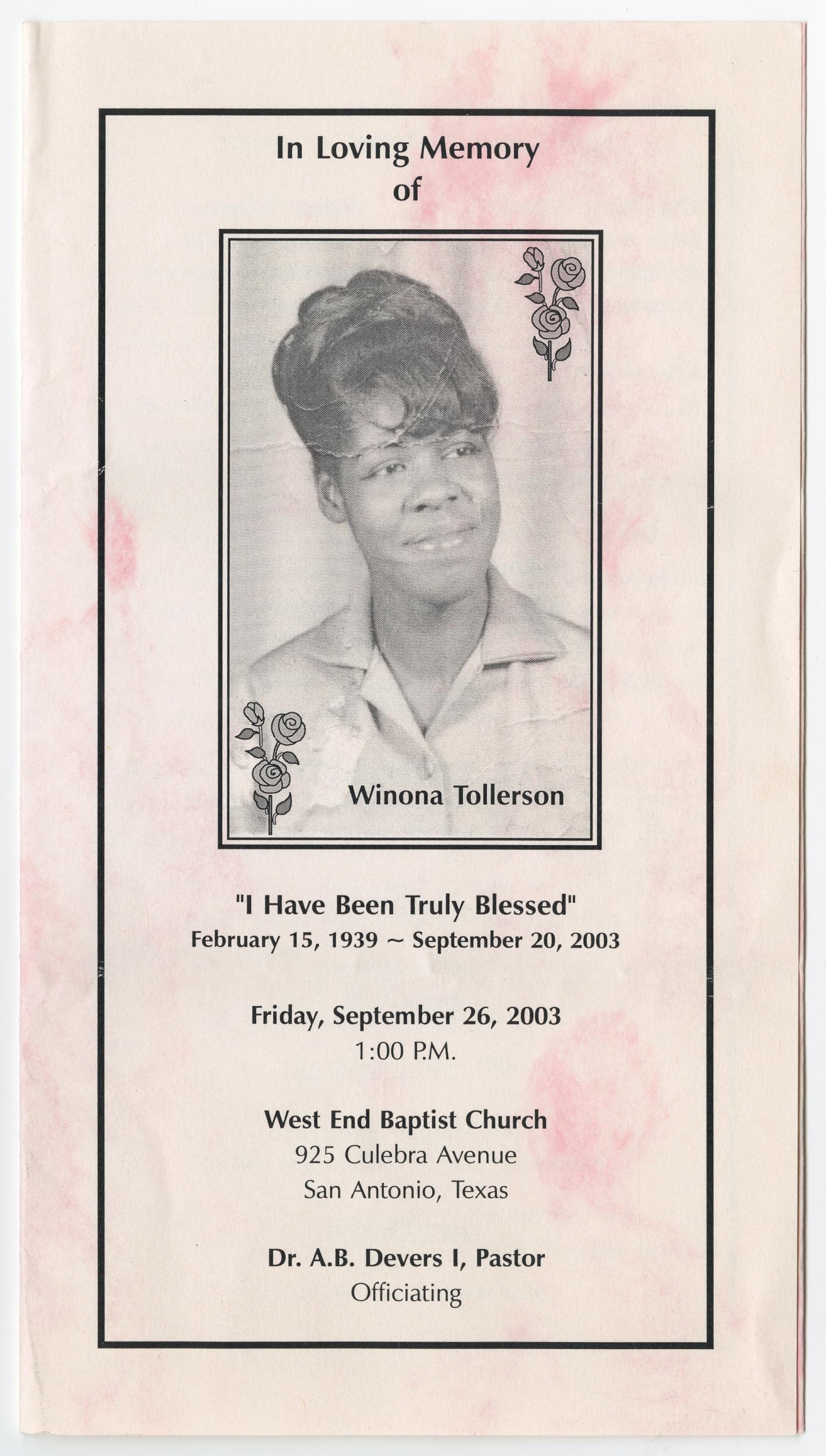 [Funeral Program for Winona Tollerson, September 26, 2003]
                                                
                                                    [Sequence #]: 1 of 3
                                                