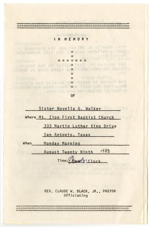 Primary view of object titled '[Funeral Program for Novella G. Walker, August 29, 1983]'.