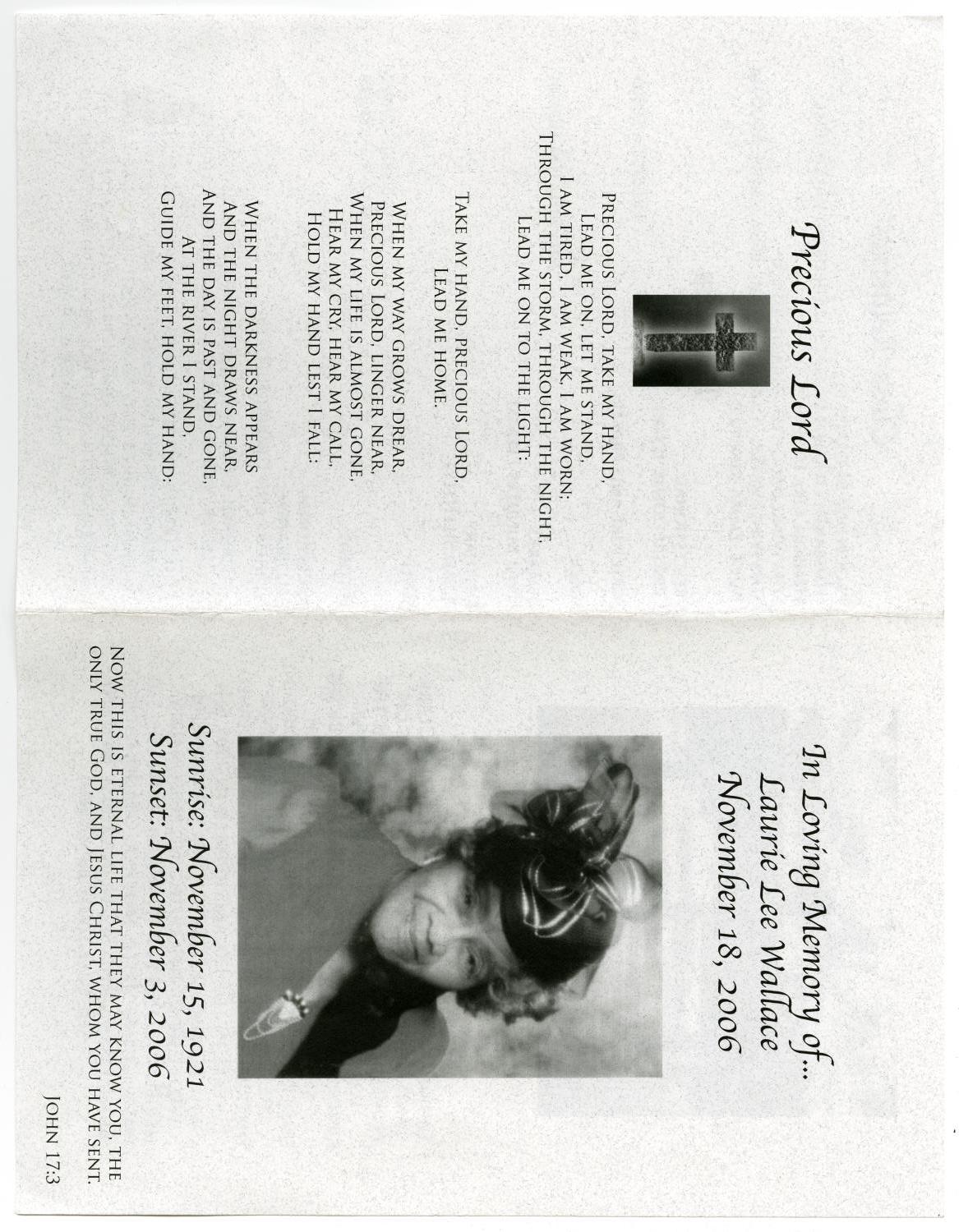 [Funeral Program for Laurie Lee Wallace, November 18, 2006]
                                                
                                                    [Sequence #]: 3 of 3
                                                