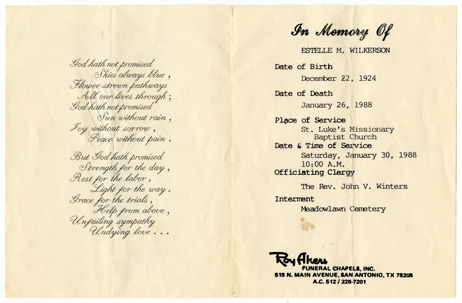 [Funeral Program for Estelle M. Wilkerson, January 30, 1988]
                                                
                                                    [Sequence #]: 2 of 3
                                                