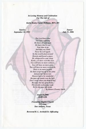 Primary view of object titled '[Funeral Program for Karla Denise Carter Williams, August 8, 2006]'.