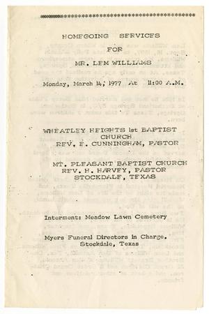 [Funeral Program for Lem Williams, March 14, 1977]