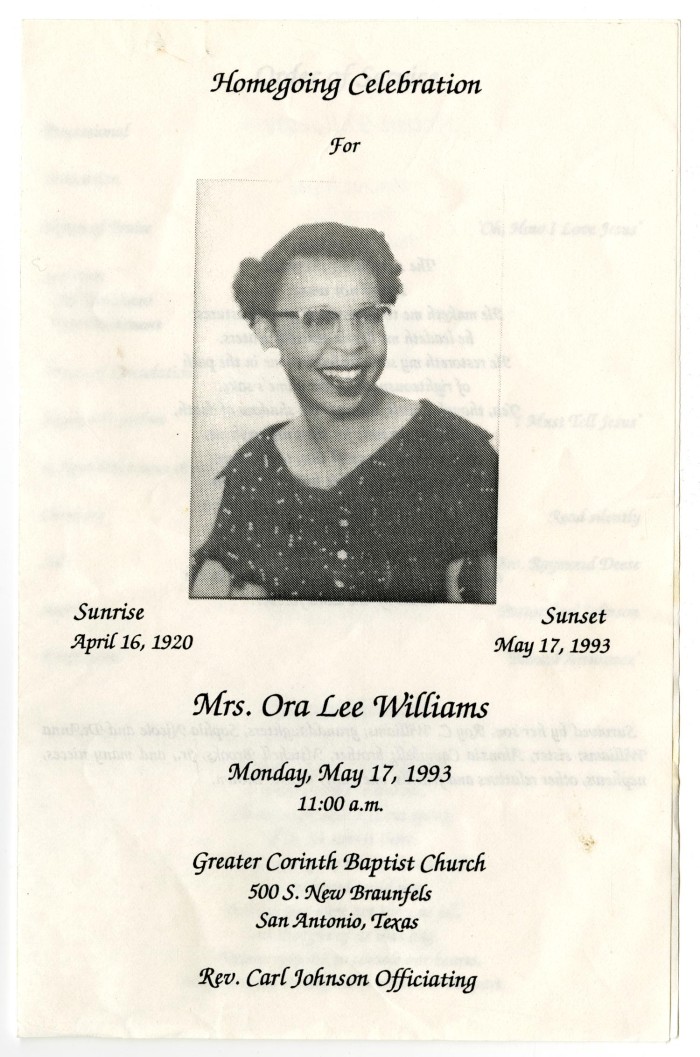 Funeral Program for Ora Lee Williams, May 17, 1993] - The Portal to Texas  History
