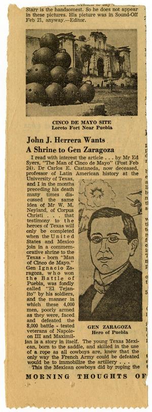 John J. Herrera Wants A Shrine to Gen Zaragoza, page one