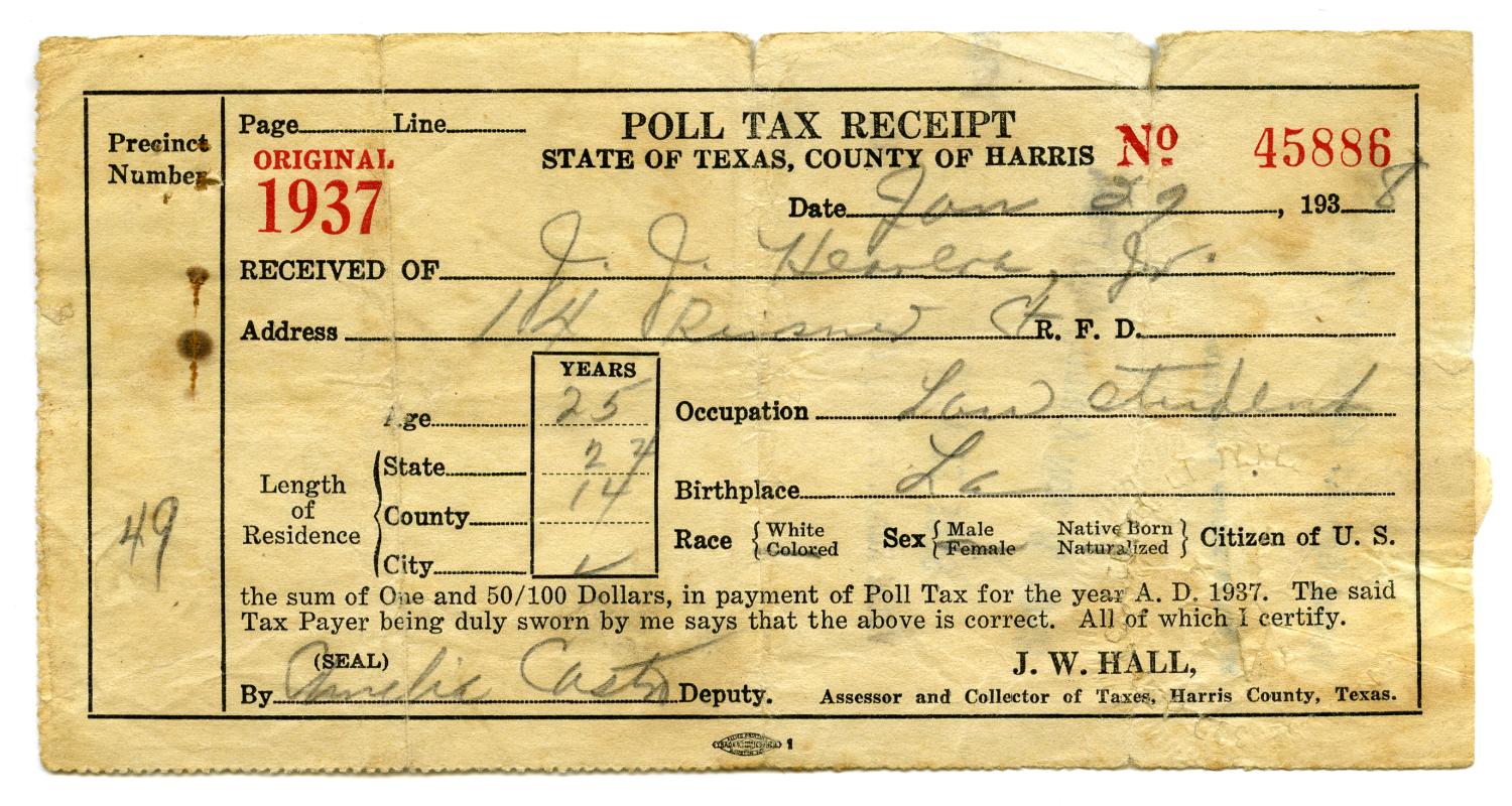 [Poll tax receipt for John J. Herrera, County of Harris - 1937]
                                                
                                                    [Sequence #]: 1 of 2
                                                