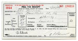 Primary view of object titled '[Poll tax receipt for John J. Herrera, County of Harris - 1954]'.