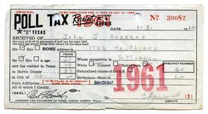 [Poll tax receipt for John J. Herrera, County of Harris - 1961]
