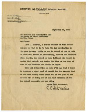 Primary view of object titled '[Letter from H. W. Elrod to the Houston Bar Association and the Board of Legal Examiners - 1942-09-28]'.