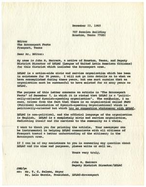 [Letter from John M. Herrera to the editor of The Brazosport Facts - 1965-12-22]