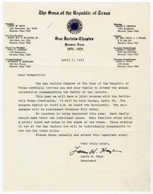 [Letter from Larry W. Hayes to Sons of the Republic of Texas member - 1975-04-07]