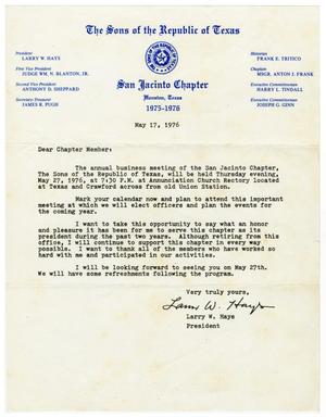 [Letter from Larry W. Hayes to Sons of the Republic of Texas member - 1976-05-17]