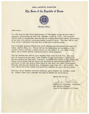 [Letter from Robert A. Sartwelle to Sons of the Republic of Texas member - 1969]