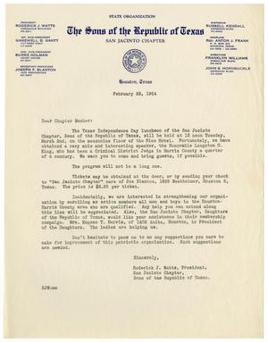 Primary view of object titled '[Letter from Roderick J. Watts to Sons of the Republic of Texas member - 1954-02-22]'.