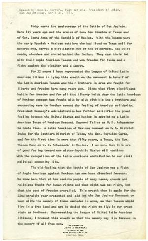 [Draft of speech by John J. Herrera for San Jacinto Day - 1961-04-21]