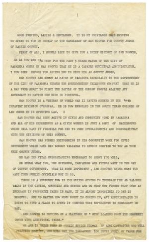 [Speech by John J. Herrera on behalf of Sam Hoover, pages one and two]