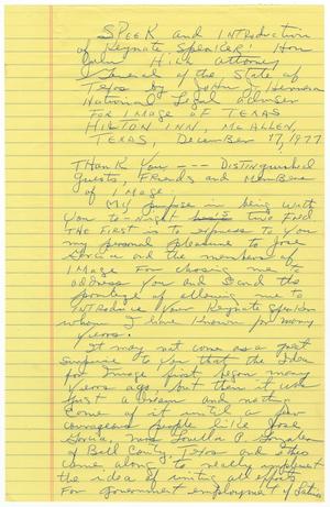 [Draft of speech by John J. Herrera introducing Attorney General John L. Hill - 1977]