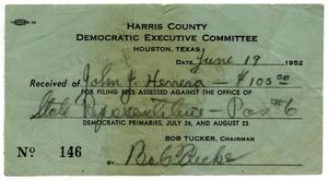 Primary view of object titled '[Receipt for John J. Herrera for payment of filing fees to the Harris County Democratic Executive Committee]'.